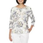 Alfred Dunner Classic Tees 3/4 Sleeve Jewel Neck Floral T-shirt-womens Petite