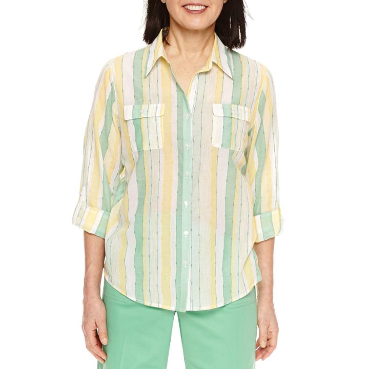 Alfred Dunner Bahama Bays 3/4 Sleeve Stripe Button-front Shirt