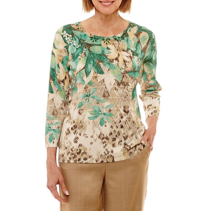 Alfred Dunner Emerald Isle 3/4 Sleeve Crew Neck Leaf Pullover Sweater-petites
