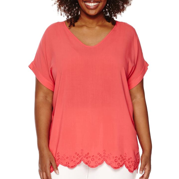 Liz Claiborne Short-sleeve V-neck Scalloped Hem Top - Plus