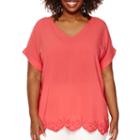 Liz Claiborne Short-sleeve V-neck Scalloped Hem Top - Plus