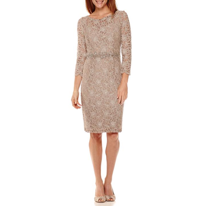 Jackie Jon 3/4-sleeve Beaded-waist Lace Sheath Dress