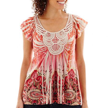 Unity Cap-sleeve Crochet-trim Legacy Knit Sublimation Top - Petite