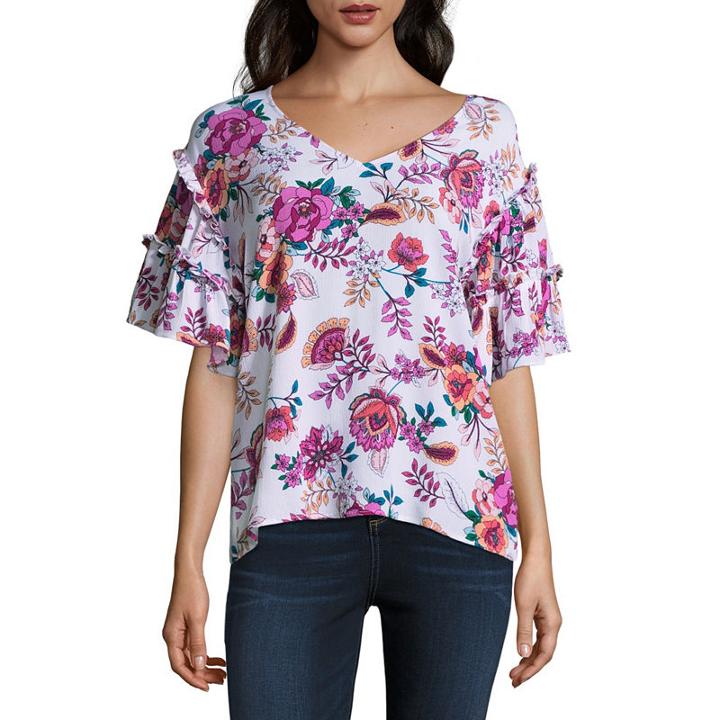 A.n.a Short Sleeve V Neck Woven Ruffled Blouse
