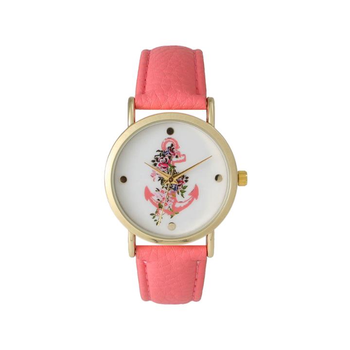 Olivia Pratt Womens Floral Anchor Dial Coral Leather Watch 15004