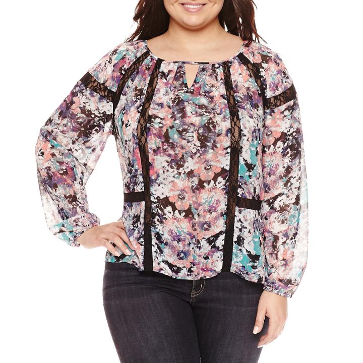 Boutique + 3/4 Sleeve Keyhole Neck Woven Blouse-plus