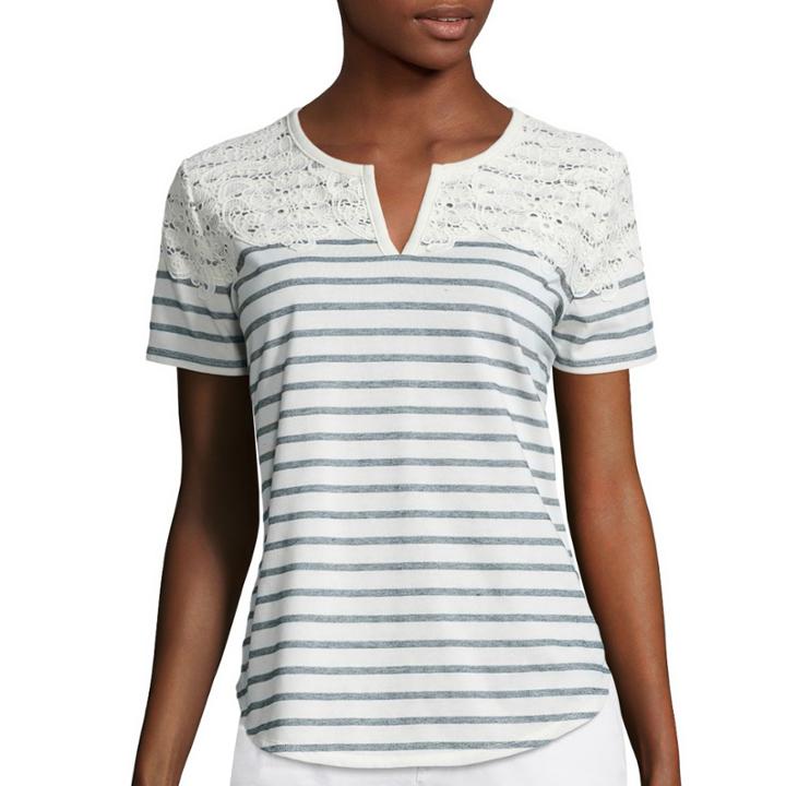 Liz Claiborne Short-sleeve Split Neck Lace Tee