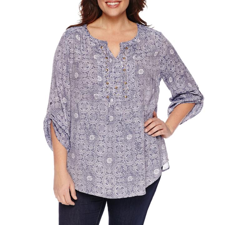 Liz Claiborne 3/4 Sleeve Roll Tab Sleeve Solid Peasant Top Plus