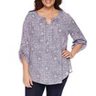 Liz Claiborne 3/4 Sleeve Roll Tab Sleeve Solid Peasant Top Plus
