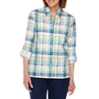 Alfred Dunner Scenic Route 3/4 Roll-sleeve Button-front Plaid Shirt-petites