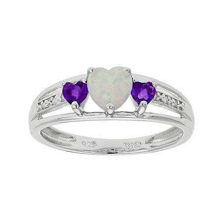Lab-created Opal & Genuine Amethyst Heart-shaped Sterling Silver Ring