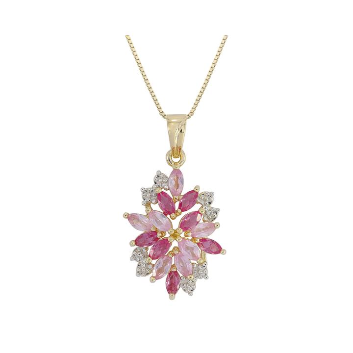 Lab-created Ruby, Pink & White Sapphire Flower Pendant Necklace In 14k Gold Over Silver
