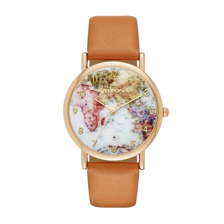 Arizona Womens Gold Tone Map Dial Brown Strap Watch