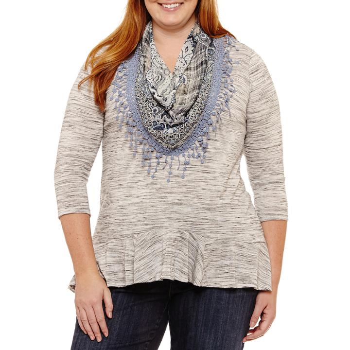 Unity World Wear 3/4 Sleeve Flounce Hem Knit Tee With Scarf - Plus