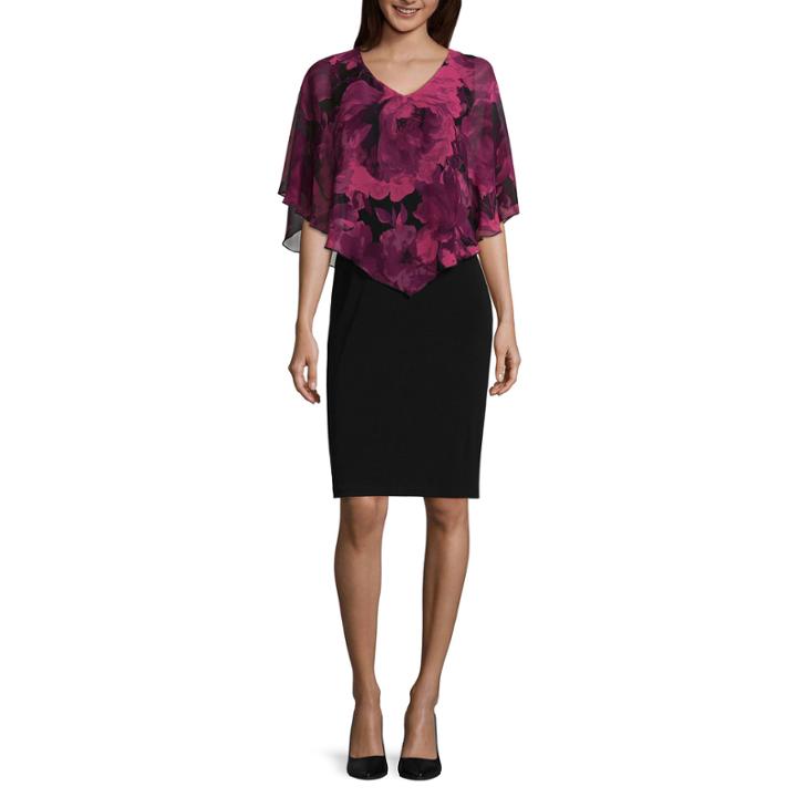 Connected Apparel Elbow Sleeve Floral Cape Sheath Dress