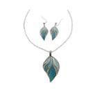 Blue & Green Enamel Leaf Pendant Necklace & Earring Set