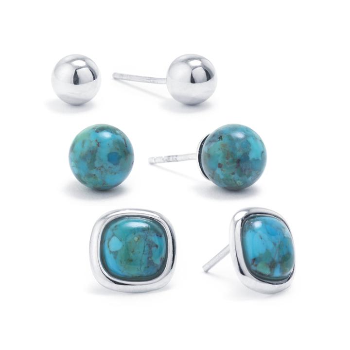 3 Pair Green Turquoise Sterling Silver Earring Sets