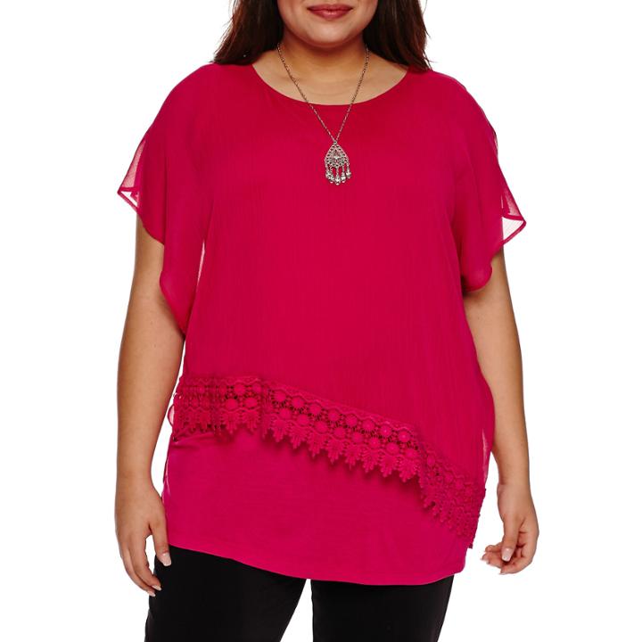 Alyx Short Sleeve Lace Trim Woven Overlay Blouse With Necklace-plus