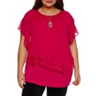 Alyx Short Sleeve Lace Trim Woven Overlay Blouse With Necklace-plus