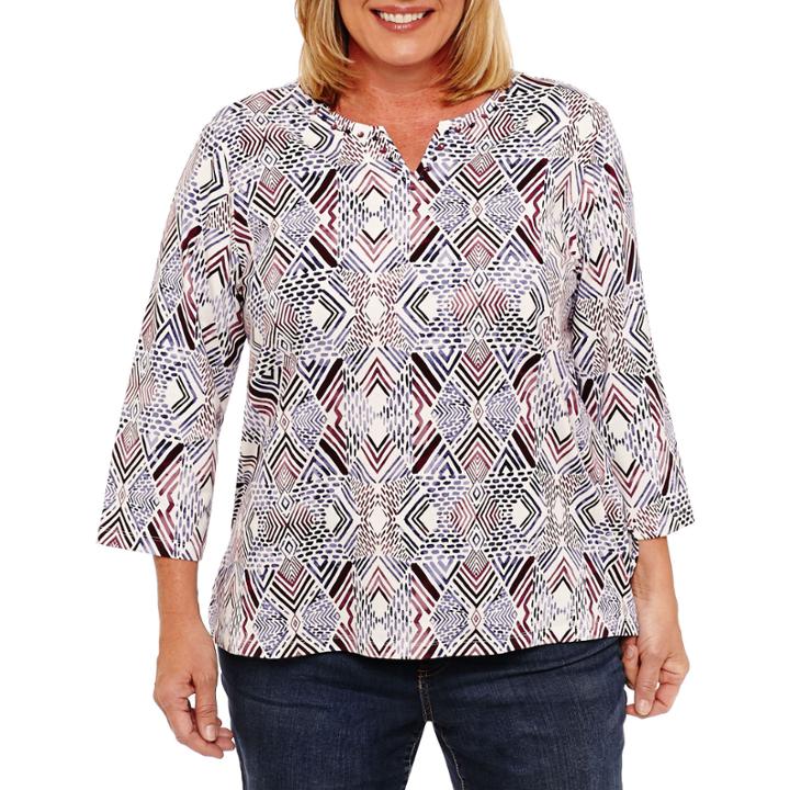 Alfred Dunner Fall Tees 3/4 Sleeve Split Crew Neck T-shirt-womens Plus