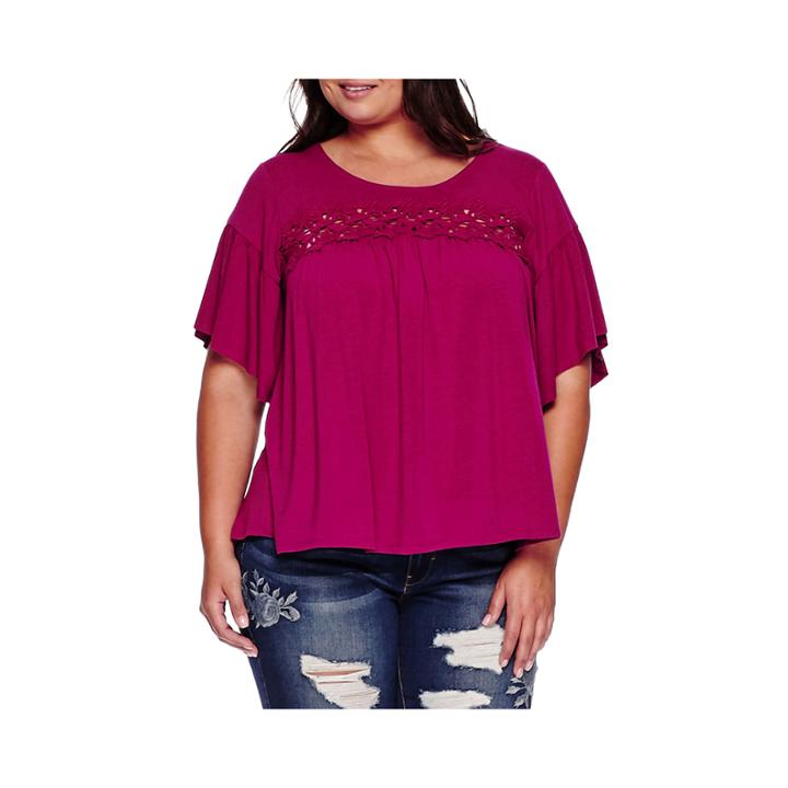 Boutique+ Elbow-sleeve Lace-yoke Knit Top