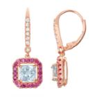 Lab-created Aquamarine & Ruby Diamond Accent 14k Rose Gold Over Silver Leverback Earrings