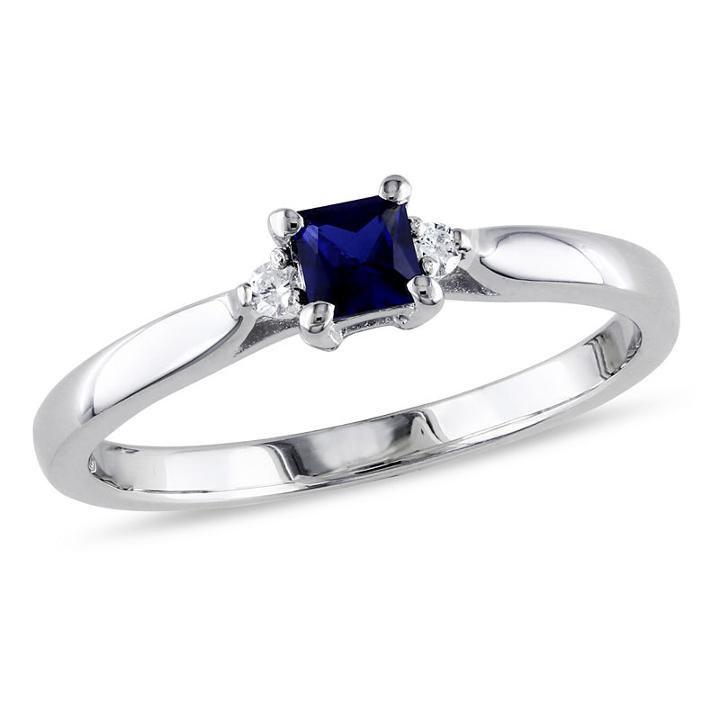 Promise My Love Womens Diamond Accent Radiant Blue Sapphire Sterling Silver Promise Ring