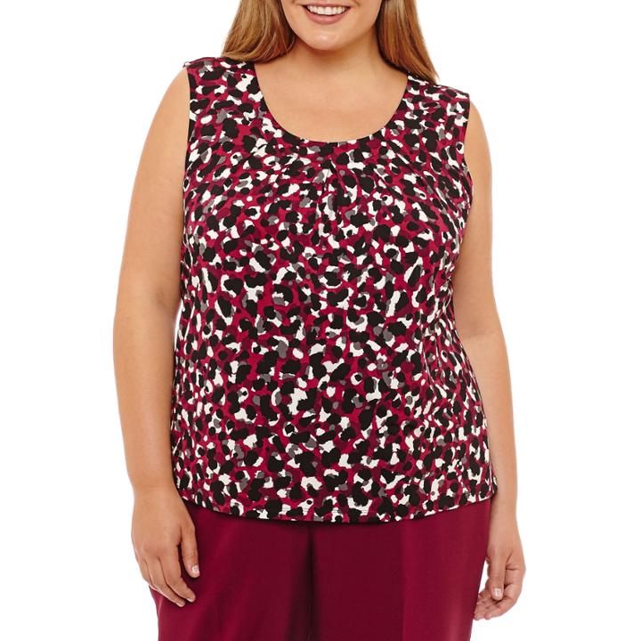 Black Label By Evan-picone Sleeveless Scoop Neck Jersey Dots Blouse-plus