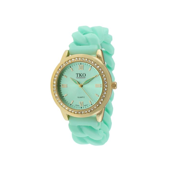 Tko Orlogi Womens Crystal-accent Chain-link Green Silicone Strap Stretch Watch