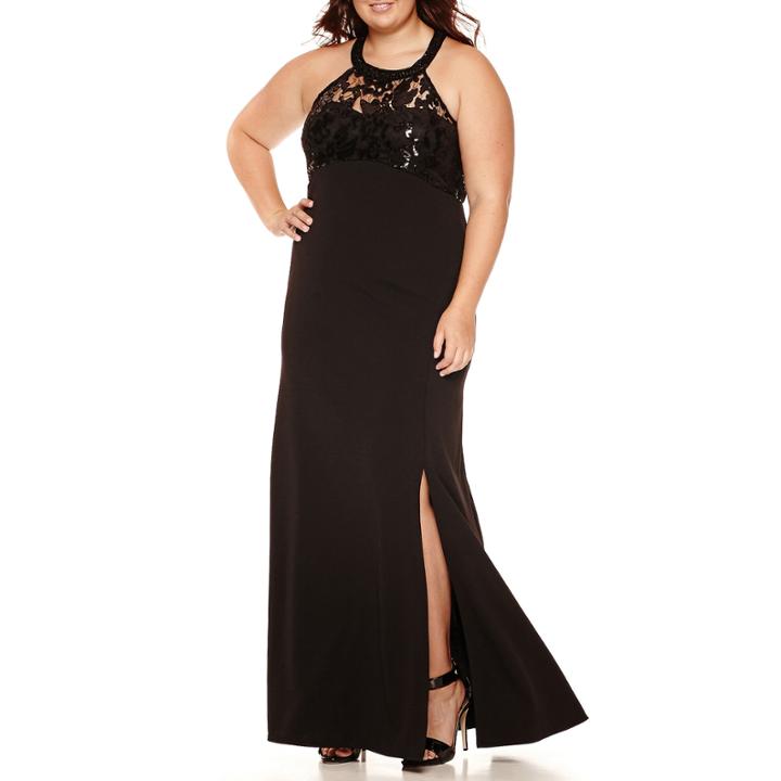 My Michelle Sleeveless Halter Sequin Dress - Juniors Plus