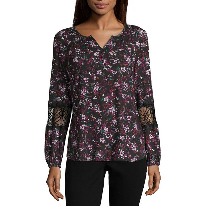 Liz Claiborne Long Sleeve Y Neck Jersey Lace Blouse