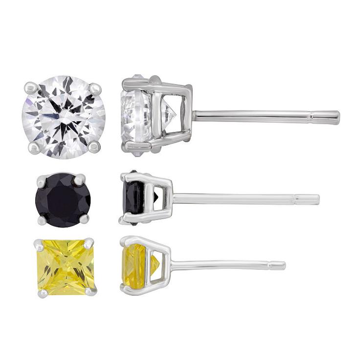 Diamonart 3 Pair 4 3/4 Ct. T.w. White Cubic Zirconia Sterling Silver Earring Sets