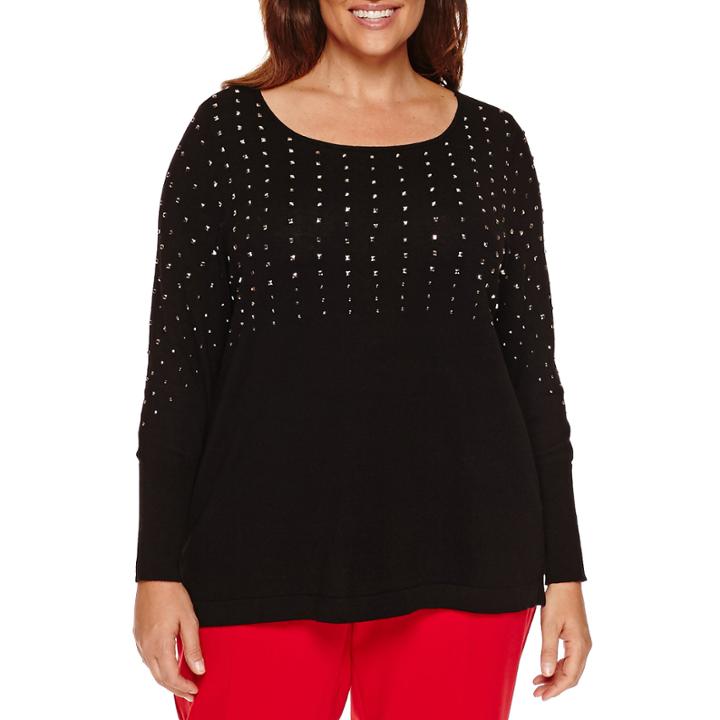 Worthington Long Sleeve Embellished Yoke Pullover Sweater - Plus