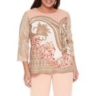 Alfred Dunner Just Peachy 3/4 Sleeve Crew Neck Paisley T-shirt-womens Plus