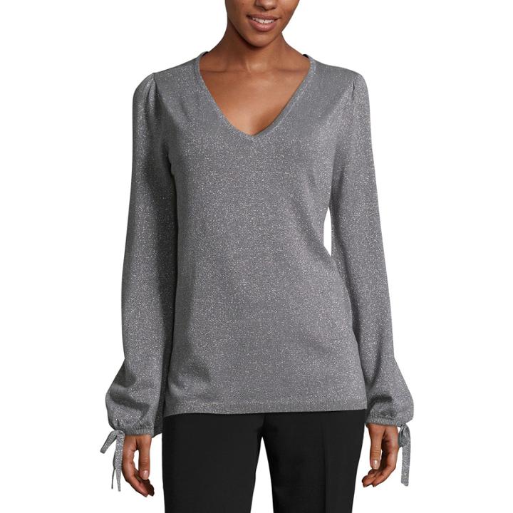 Worthington Long Sleeve V-neck Lurex Pullover Sweater