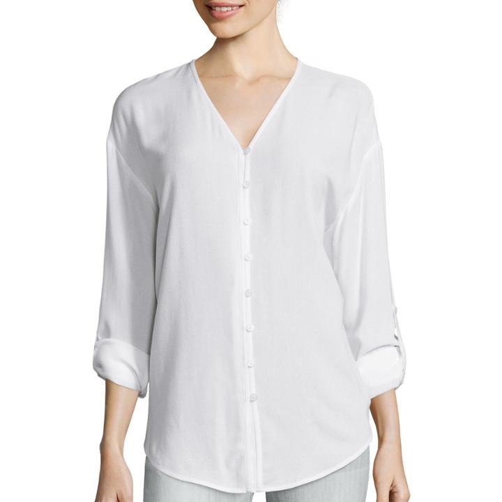 Liz Claiborne Long-sleeve Roll-tab V-neck Shirt