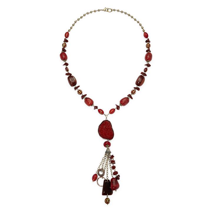 Aris By Treska Red Stone Long Tassel Necklace