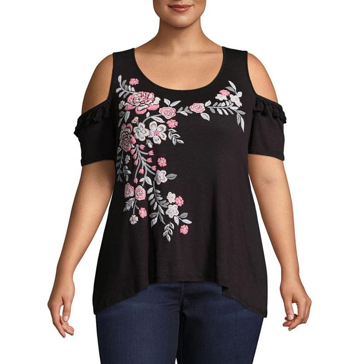 Unity World Wear Short Sleeve Cold Shoulder Embroidered Tee-plus