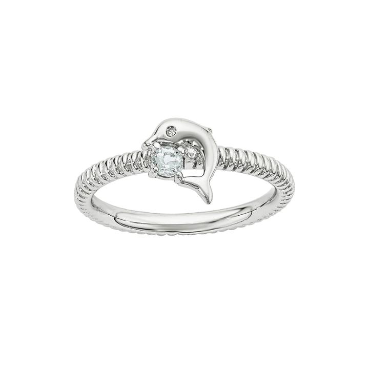 Genuine Aquamarine And Diamond-accent Sterling Silver Stackable Dolphin Ring