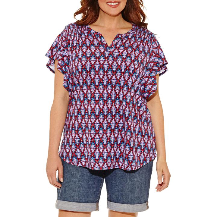 Liz Claiborne Flutter Sleeve Split Crew Neck T-shirt-womens Plus