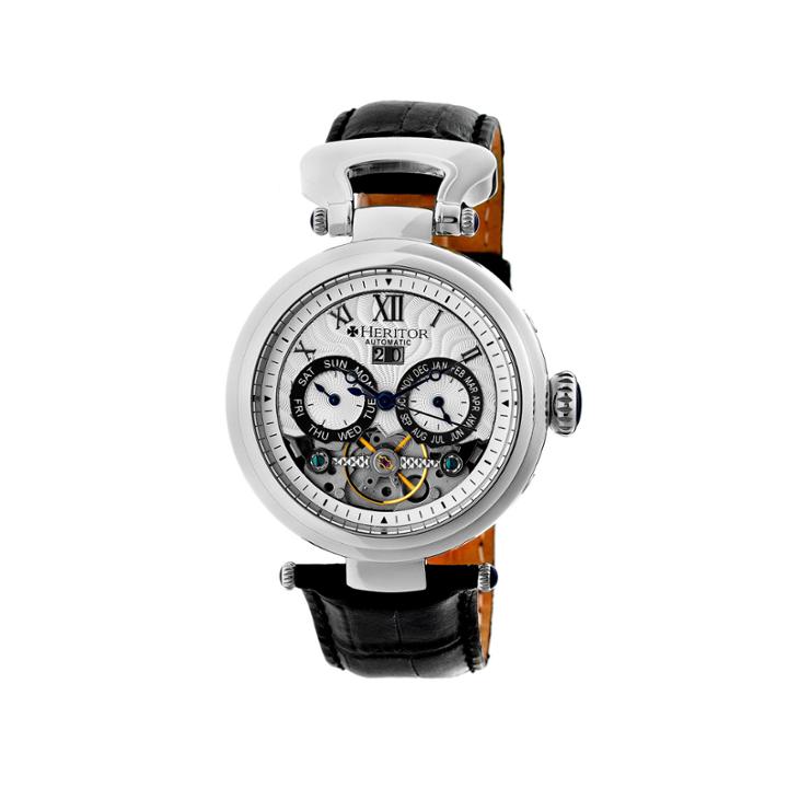 Heritor Automatic Ganzi Mens Leather Day & Date-silver Watches