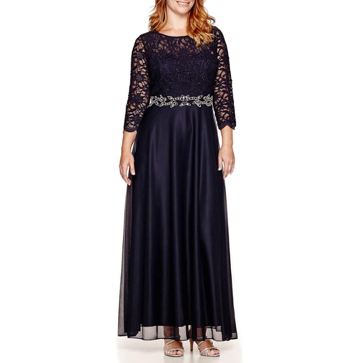 Jackie Jon 3/4-sleeve Embellished-waist Lace Gown - Plus