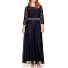 Jackie Jon 3/4-sleeve Embellished-waist Lace Gown - Plus