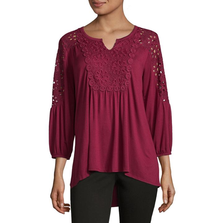 Liz Claiborne 3/4 Sleeve Crochet Trim Peasant Top