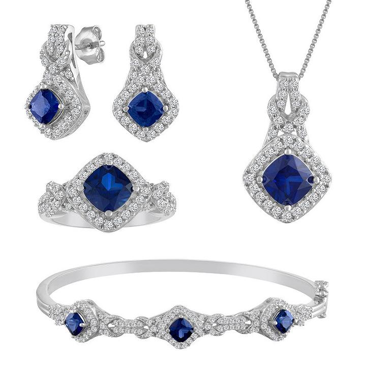 Womens 4-pc. Lab-created Blue Sapphire & Cubic Zirconia Silver Over Brass Jewelry Set