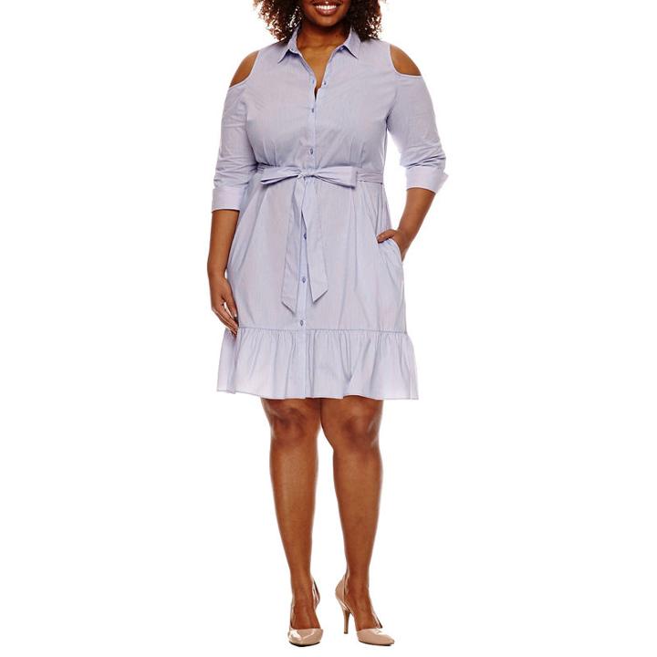Worthington 3/4 Sleeve Cold Shoulder Shirt Dress - Plus