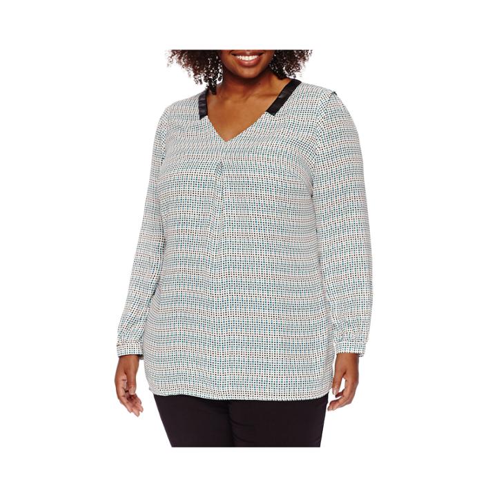 Worthington Long-sleeve Faux Leather Trim Neck Tunic - Plus