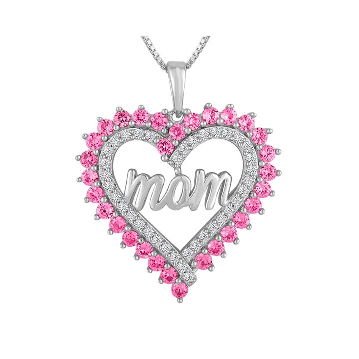 Lab-created Pink & White Sapphire Sterling Silver Mom Heart Pendant Necklace