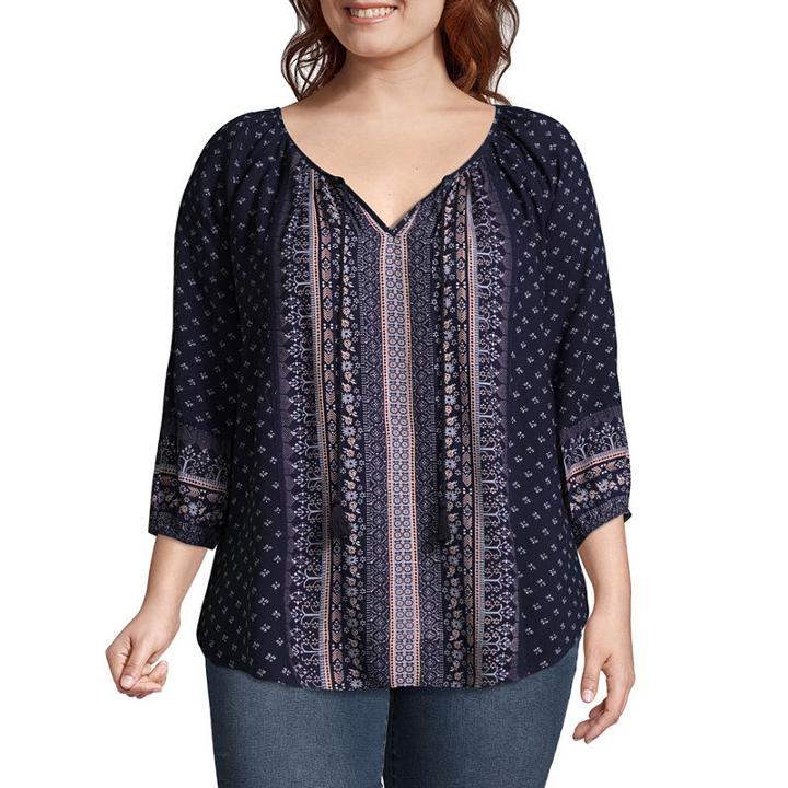 3/4 Sleeve Peasant Blouse With Tassels - Plus