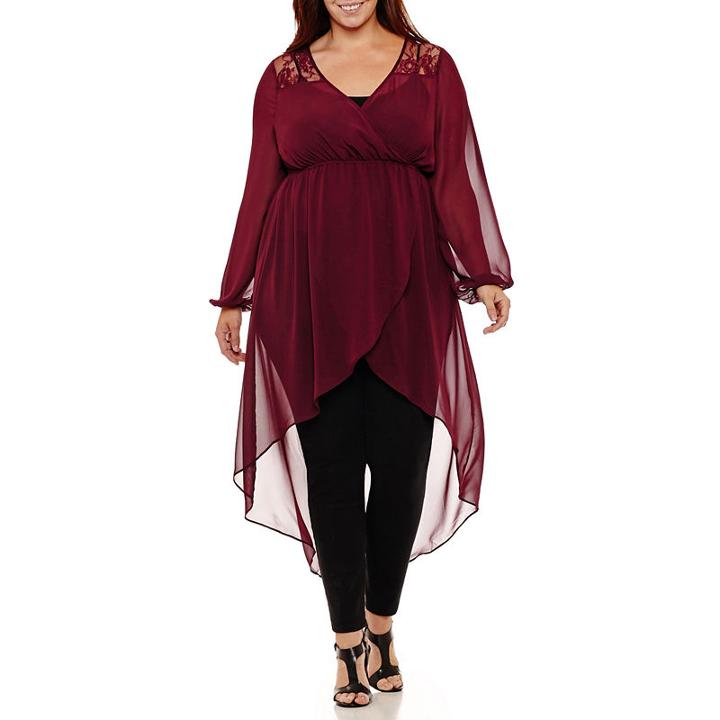 Worthington Long Sleeve Lace Yoke Tunic Top - Plus